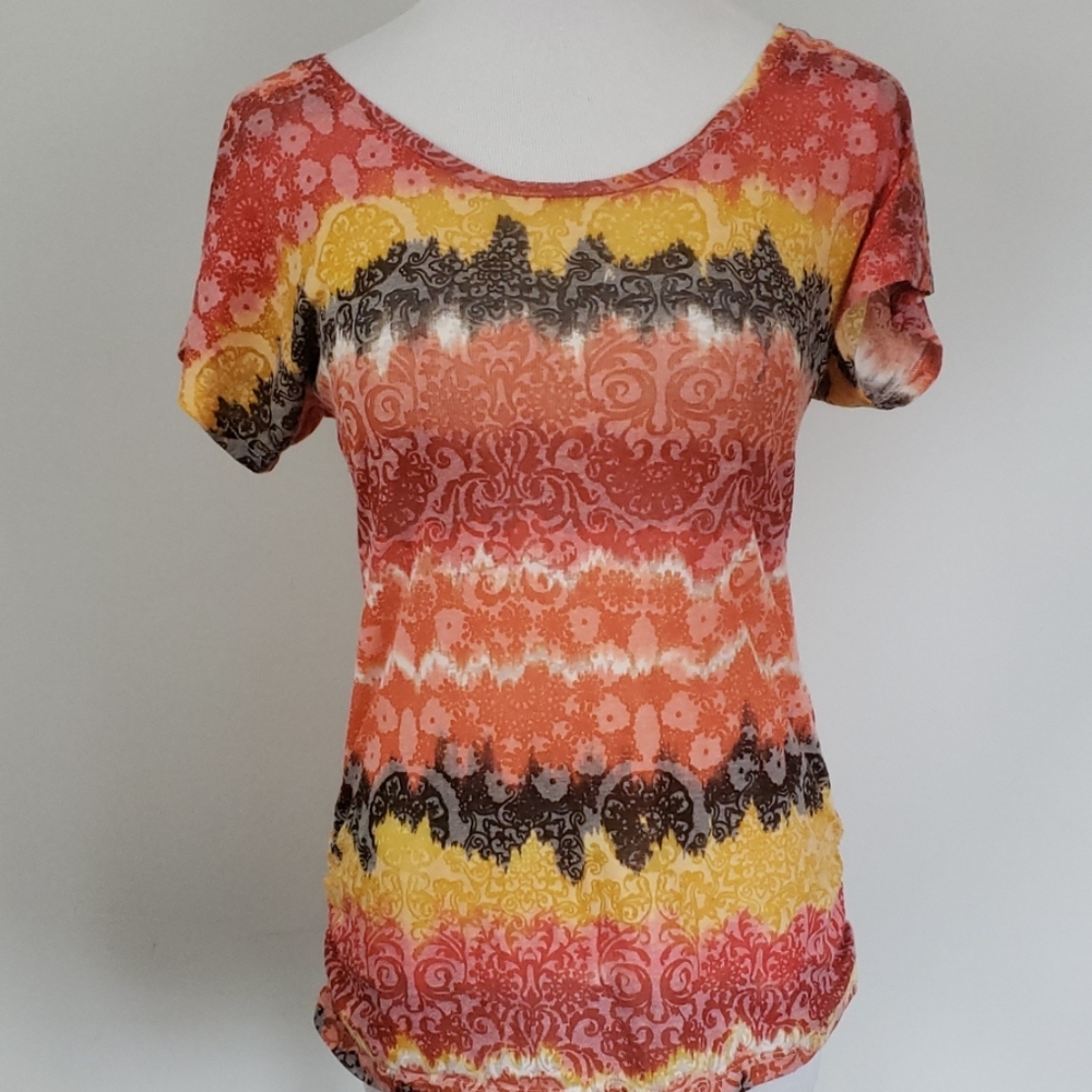 Orange, yellow & red blouse with lace back